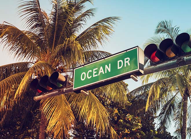 Ocean Drive street sign and traffic lights