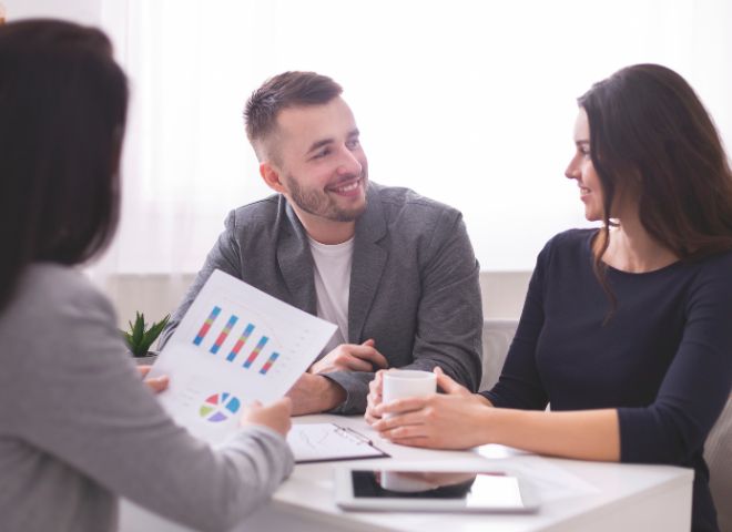couple meeting at bank
